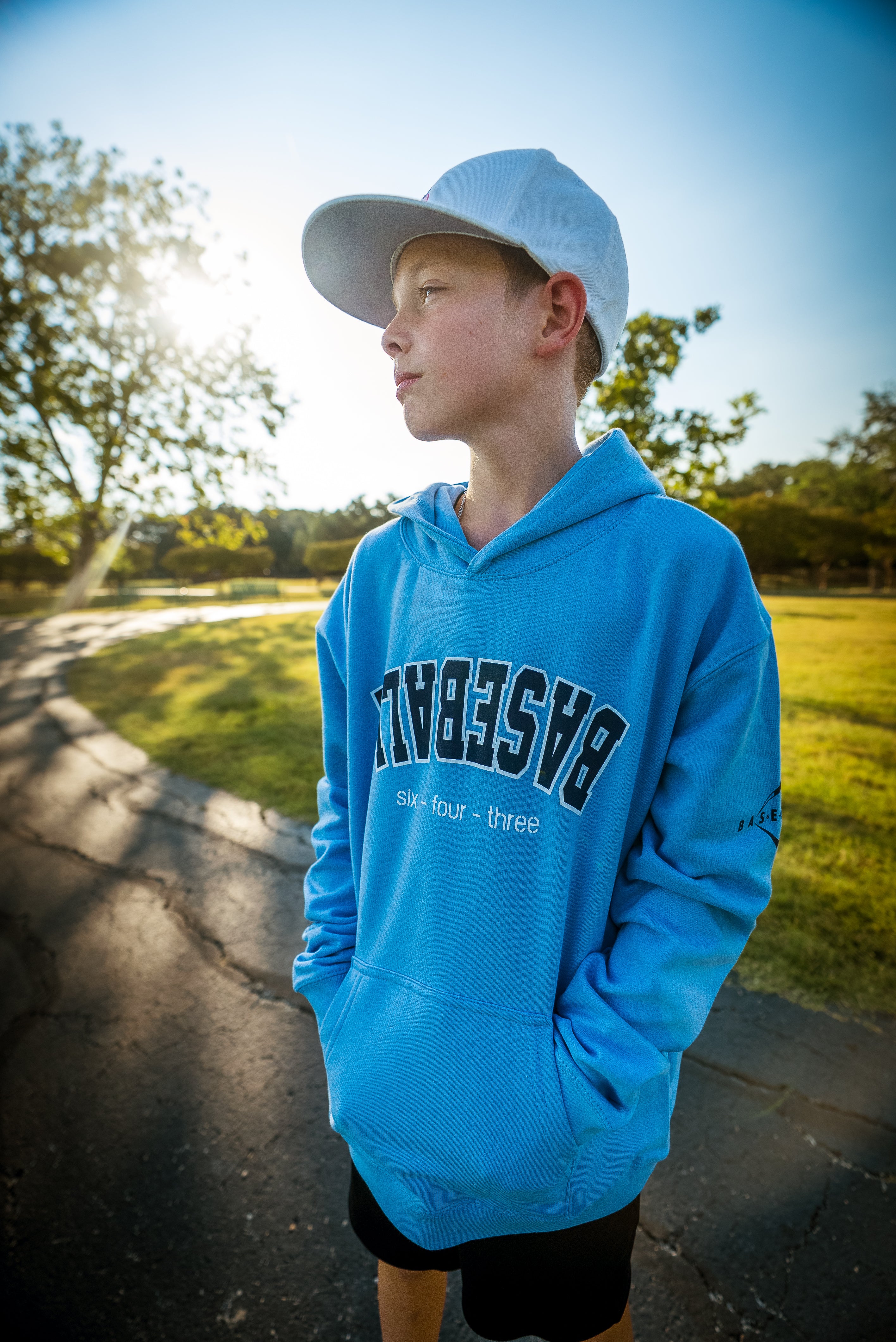 UPSIDE DOWN BASEBALL - LIGHT BLUE/NAVY YOUTH HOODIE V1