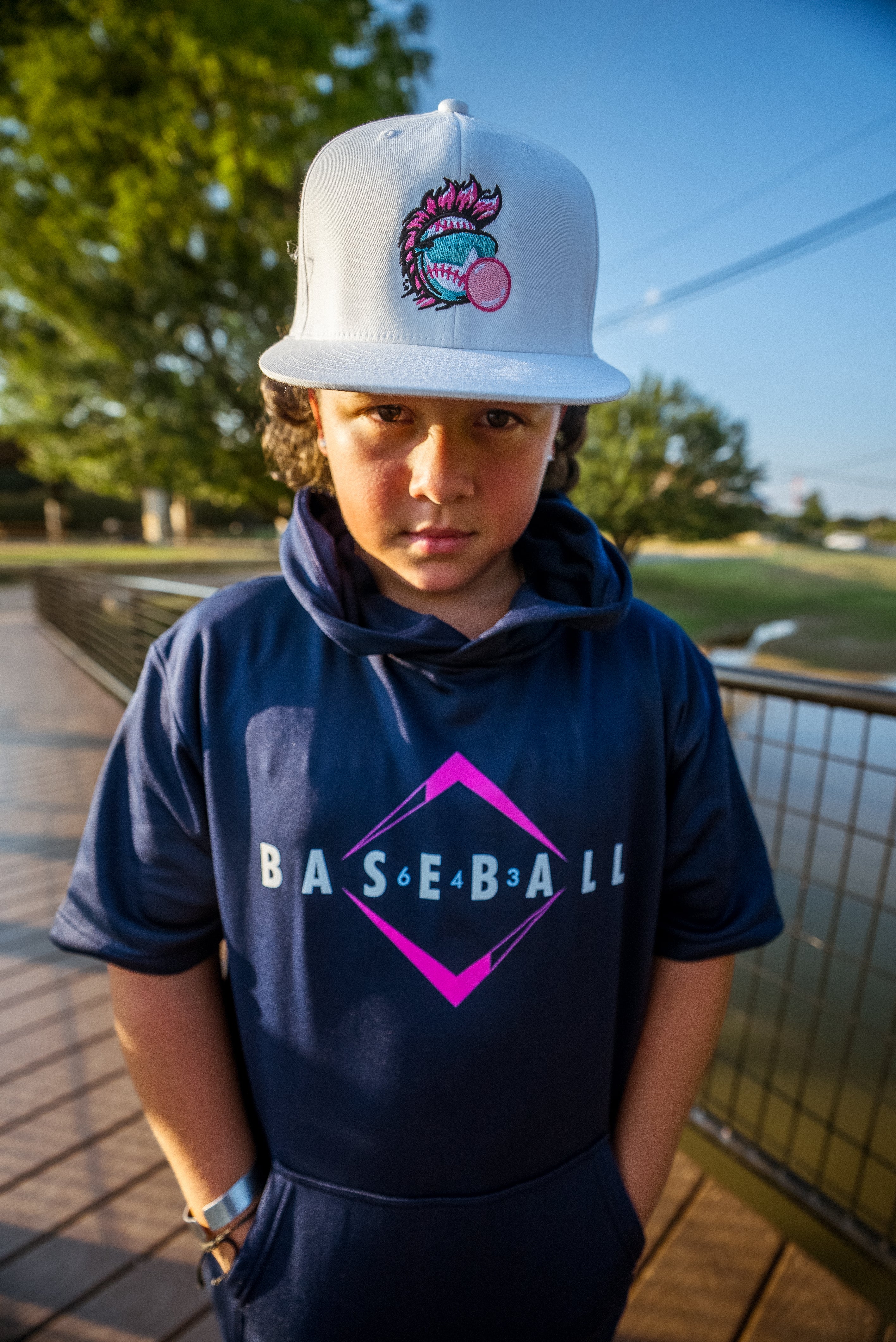 643 BASEBALL LOGO - NAVY/COTTON CANDY SHORT-SLEEVE YOUTH HOODIE V1